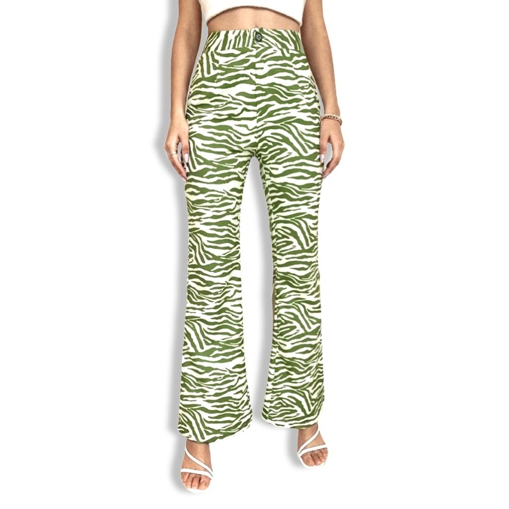 Zebra print high waisted flare pants in green | Small | NWOT - Picture 2 of 4